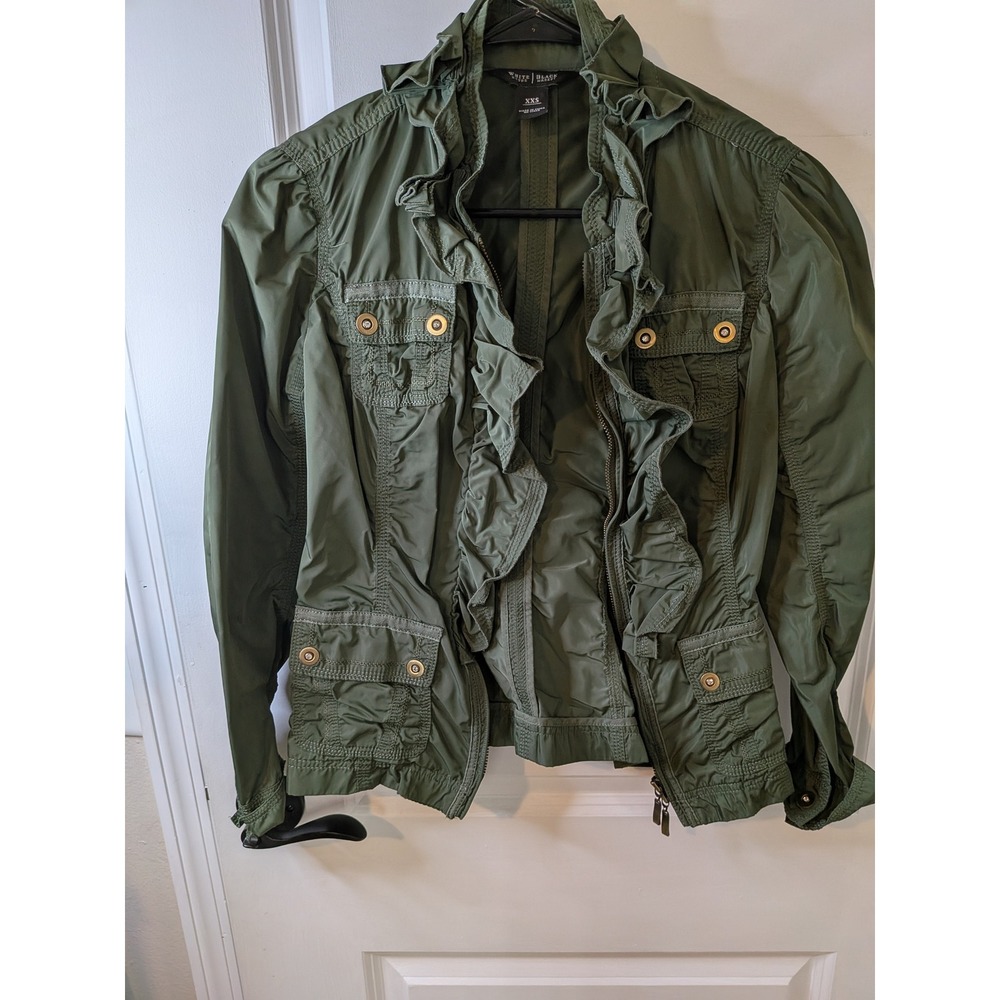 White House Black Market Olive Green Ruffle Utility Jacket XXS Crystal Buttons - Picture 2 of 5